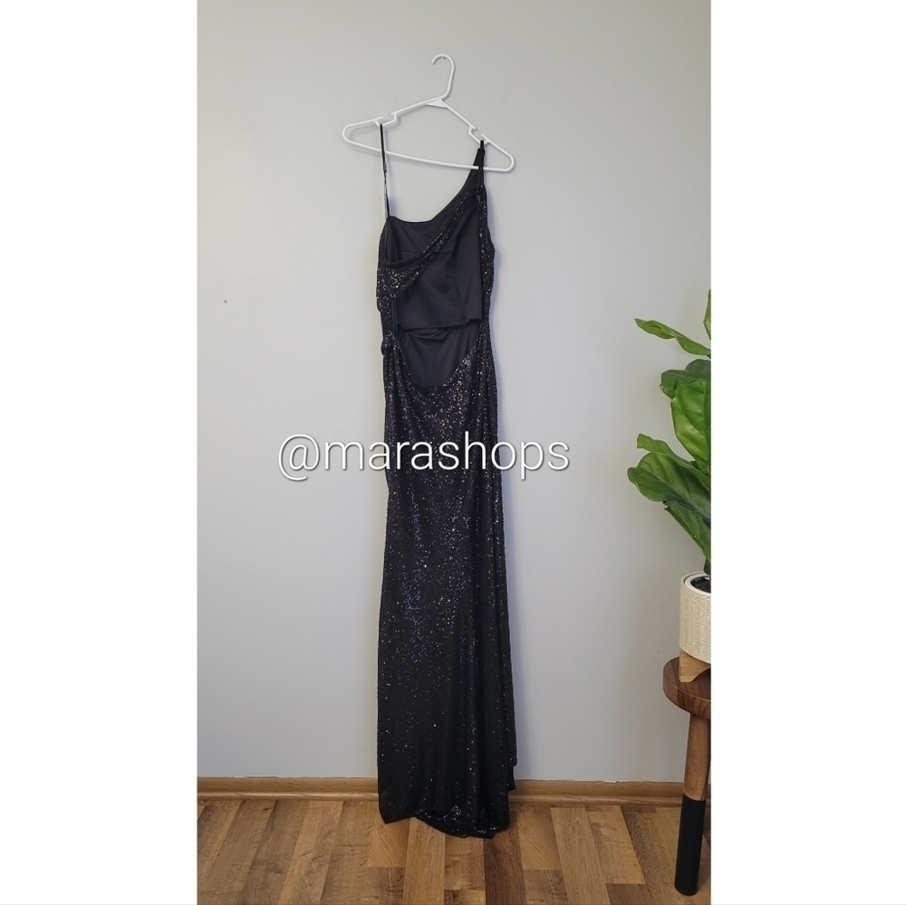 La Femme Sequin Gown with One Shoulder Top and Open Back Dress - Picture 4 of 7